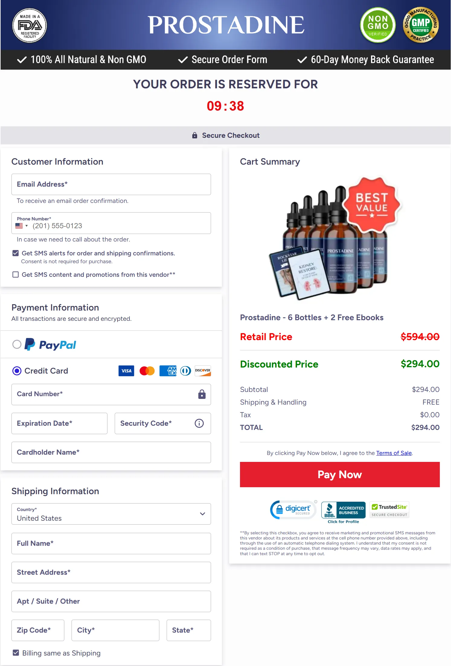 Prostadine checkout page